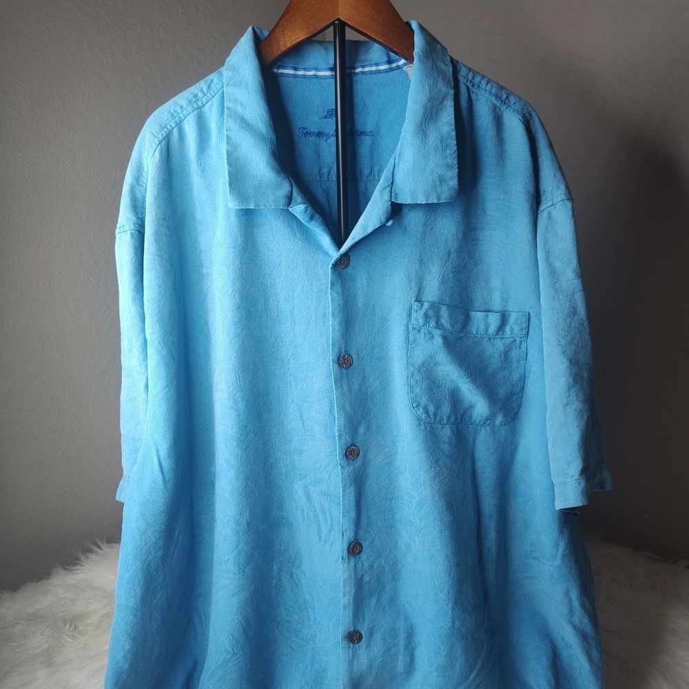 Tommy Bahama Button Up Shirt Mens 2XL Blue Tropical Jacquard Silk